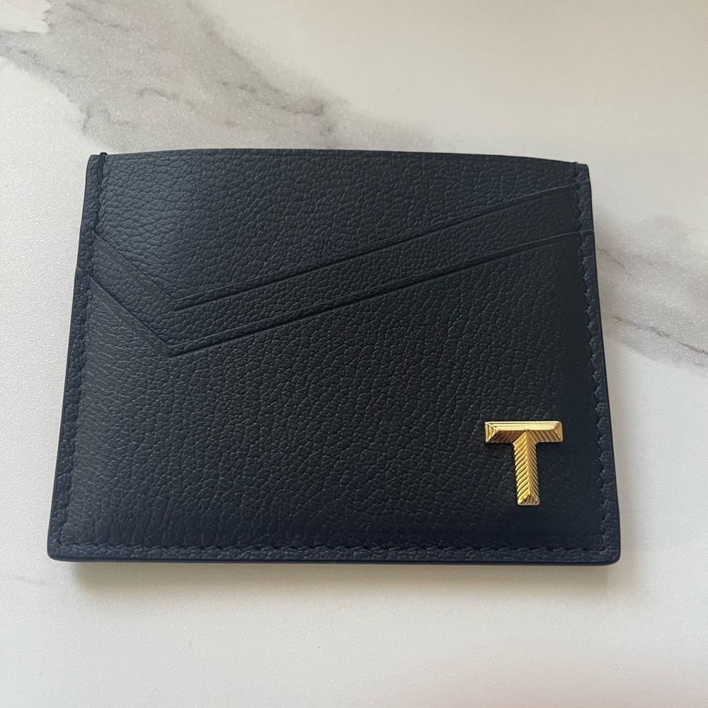 Tiffany & Co. Black Leather Card Holder with Gold T Accent